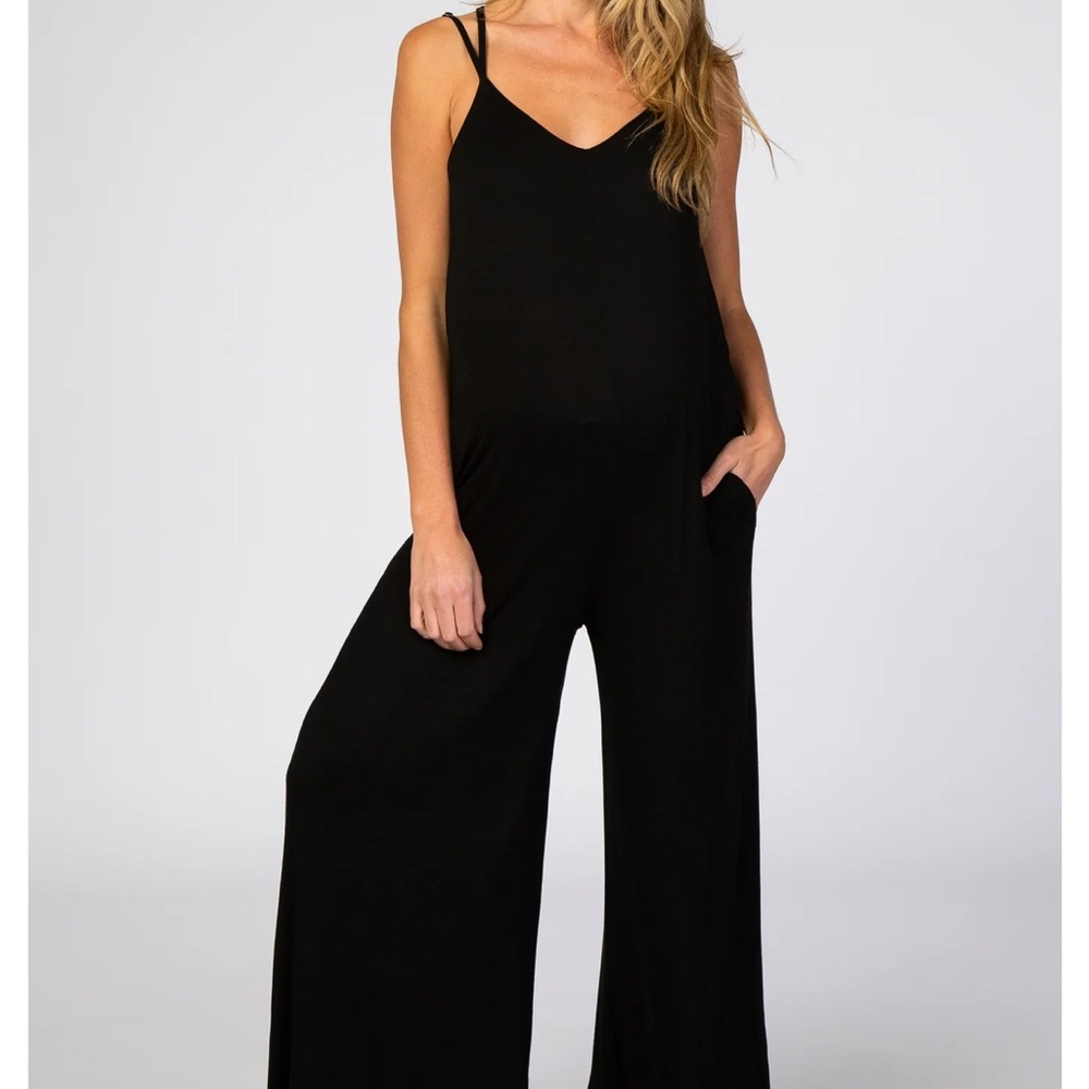 Black wide leg Maternity romper from Pink Blush 
comfortable stretchy, material